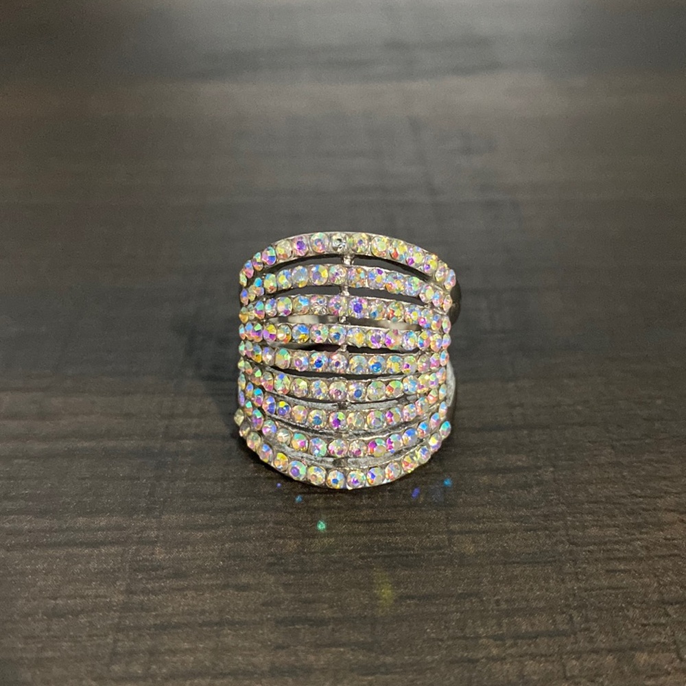 Silver Tone Aurora Borealis Rhinestones Ring Size 9½